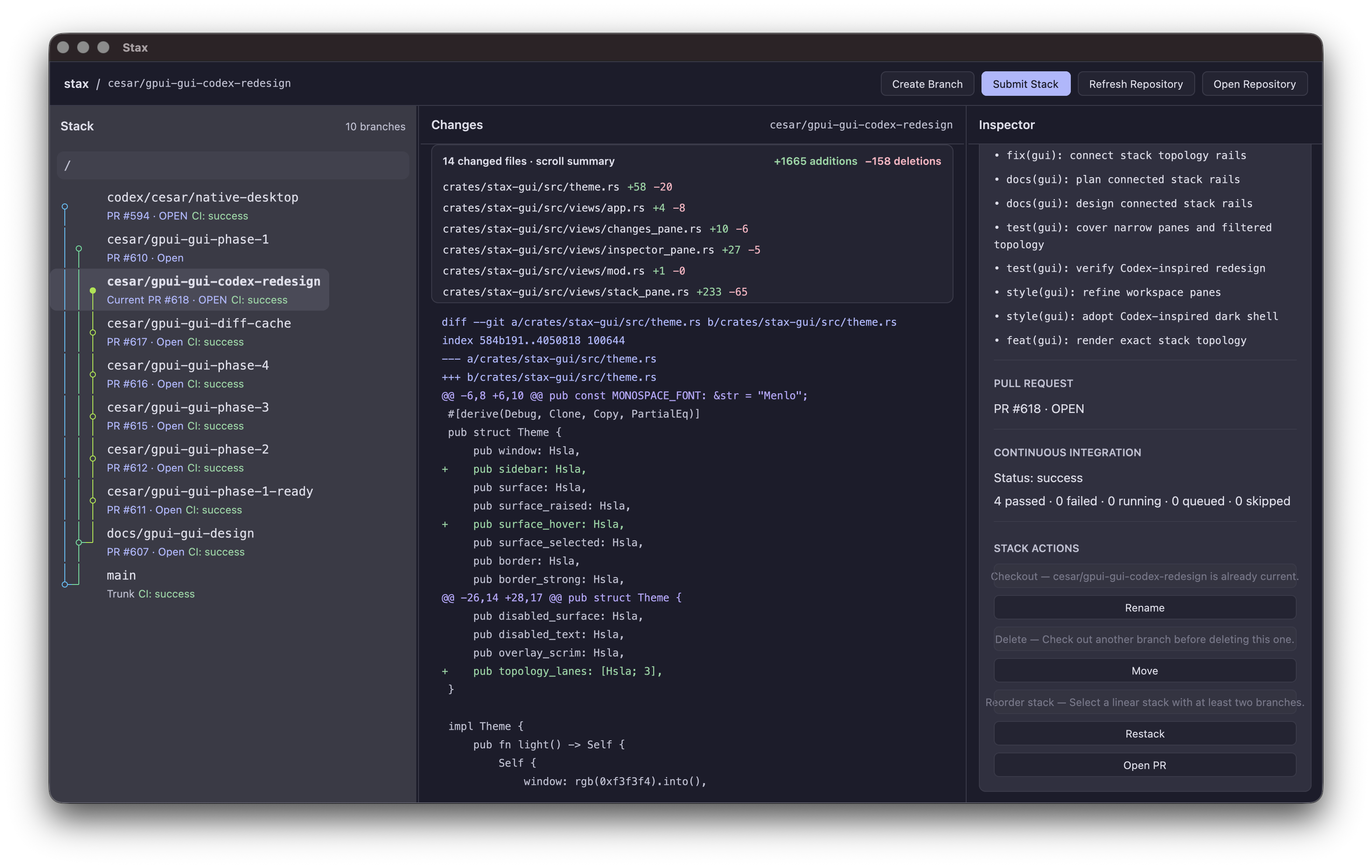 Stax native macOS GUI showing a stacked branch graph, changes, and branch inspector