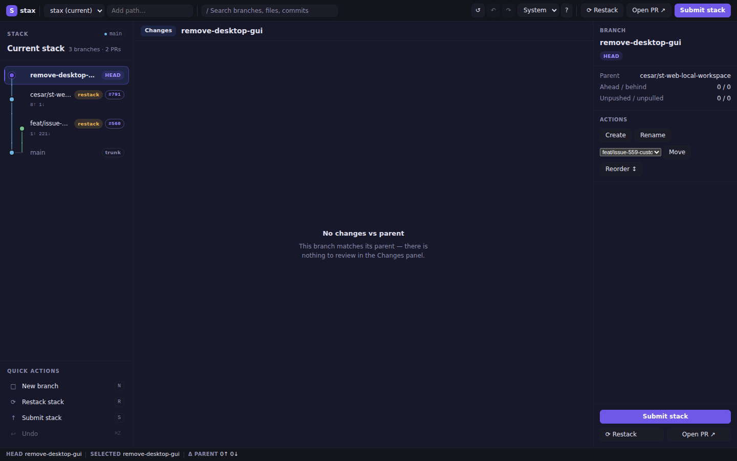 stax web workspace showing stacked branches, changes, and a branch inspector